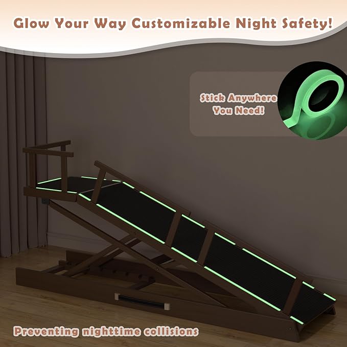 65" Foldable Dog Ramp for Bed, 6 Level（13"-32"） Heavy Duty Adjustable Dog Ramp for Car Pet Ramp with EVA Non-Slip Surface, Rest Platform & Glow Strips for Large Dogs up to 200Lbs (Brown)