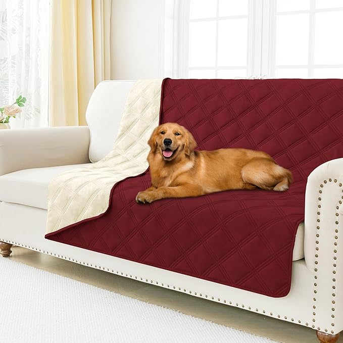 Smiry Waterproof Dog Bed Cover Blanket 68x82, Soft Reversible Pet Blanket, Washable Leakproof Cats Dogs Couch Cover for Sofa, Couch, Furniture, Lattice, Wine Red/Beige