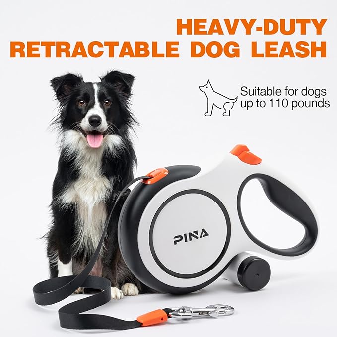 PINA Upgraded Retractable Dog Leash, 26 ft Dog Leash for Small Medium Large Dogs Up to 110lbs, Heavy Duty Reflective Nylon Tape 360° Tangle-Free, with Anti-Slip Handle, One-Handed Brake, Pause, Lock