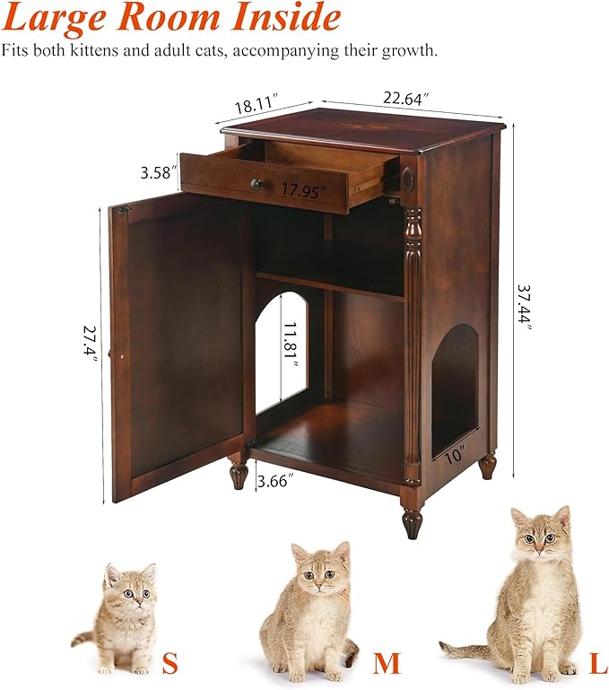 Solid Wood Cat Litter Box Enclosure, Hidden Litter Box Furniture, Wooden Pet House Storage Cabinet, Wooden Floor Cabinet for Hallway, Entryway or Living Room Home Decor, Cherry Walnut