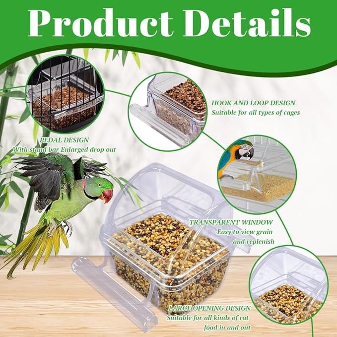 2 Pack Bird Feeders for Cage, No Mess Clear Hanging Parrot Food Bowl, Plastic Slot Food & Water Dispenser Bowl Set, Bird Cage Accessories for Hamsters,Pigeons,Parrot (Clear, 2 pcs)