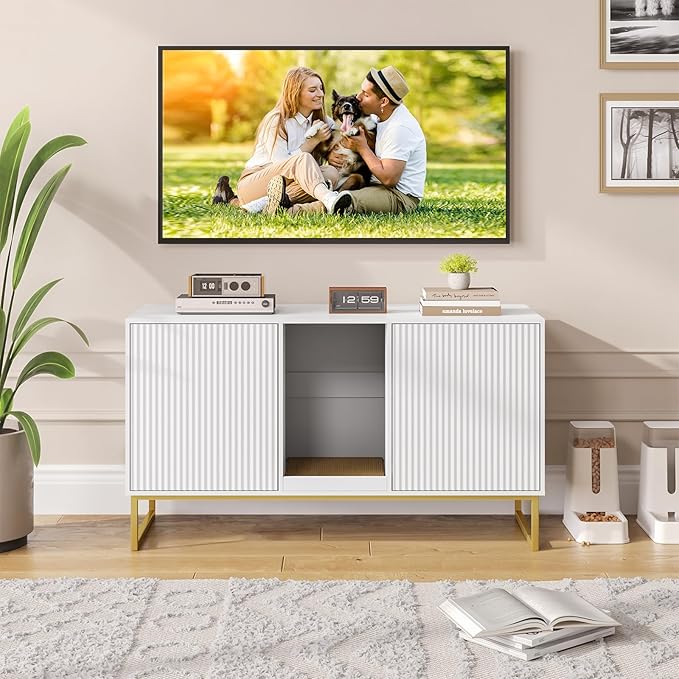 Kitty Litter Box Enclosure for 2 Cats, Small Hidden Cat Litter Box Furniture with Scratch Pad, Modern Fluted Double Litterbox Cabinet TV Stand for Kittens, White