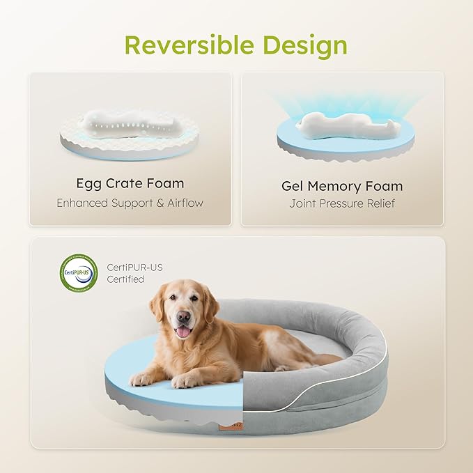 XL Orthopedic Dog Bed, Extra Large Dog Bed, Dog Sofa for Large Sized Dogs with Full-Surround Bolsters, Dual-Sided Dog Cooling Bed with Memory Foam, Washable Sofa with Nonslip Bottom, Light Grey