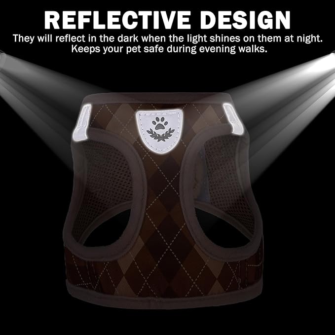 SCENEREAL Small Dog Harness and Leash Collar Set, Fall Step in No Pull Soft Mesh Dog Harnesses for Small Medium Sized Dogs Puppy Outdoor Walking, No Chock Reflective Vest Harness, Brown Plaid M