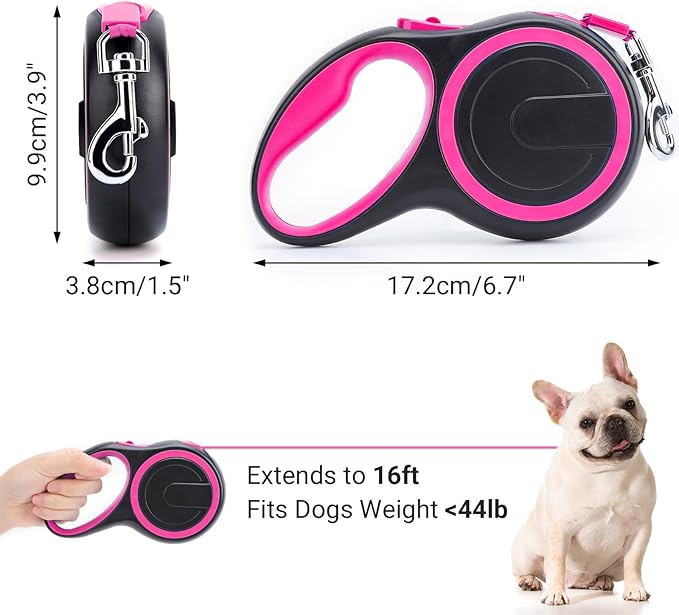 Segarty Pink Retractable Dog Leash, 16ft Heavy Duty Walking Dog Leash for Medium Small Dogs up to 44lb, Anti-Slip Handle 360°Tangle-Free Nylon Tape, One-Handed One Button Lock and Release