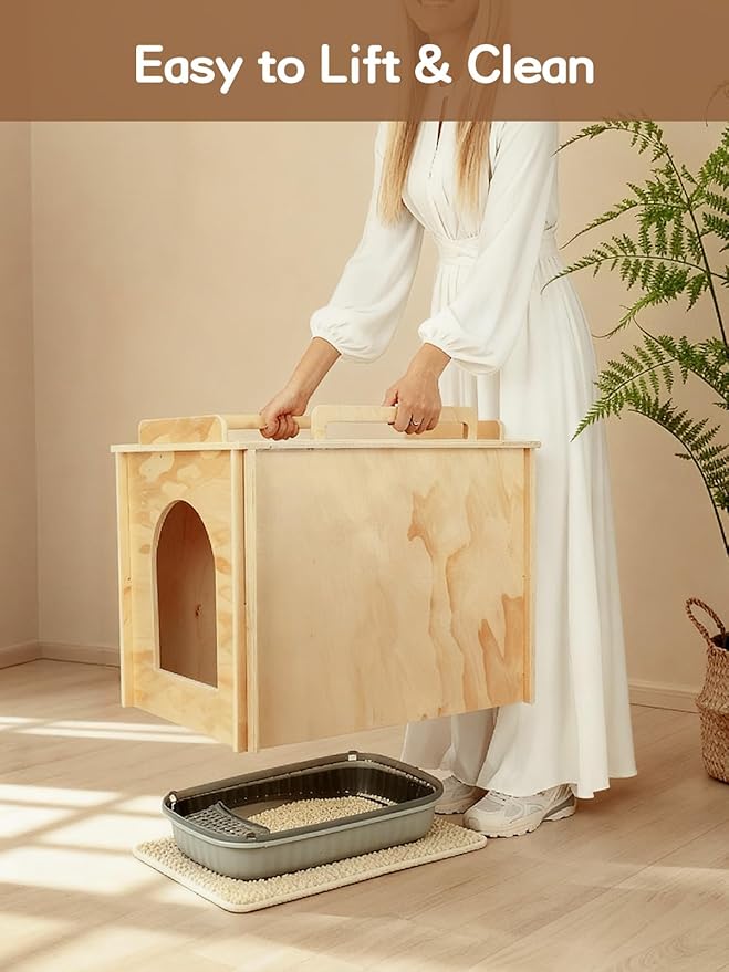 Wooden Cat Litter Box Enclosure, Hidden Litter Box Furniture with Litter Mat, Multi-Functional Cat House, for Living Room Bedroom Indoor, 23.2 x 17.7 x 19.3 inches, Natural