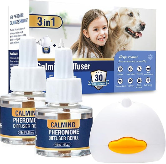 Dog Pheromones Calming Diffuser 3 in 1 Advanced Kit Pet Appeasing Pheromone Diffuser to Calm (1 Plug in+2 Pack 48ml Refill) for Anxiety Relieve Relief Reduce Aggression Fighting Stress