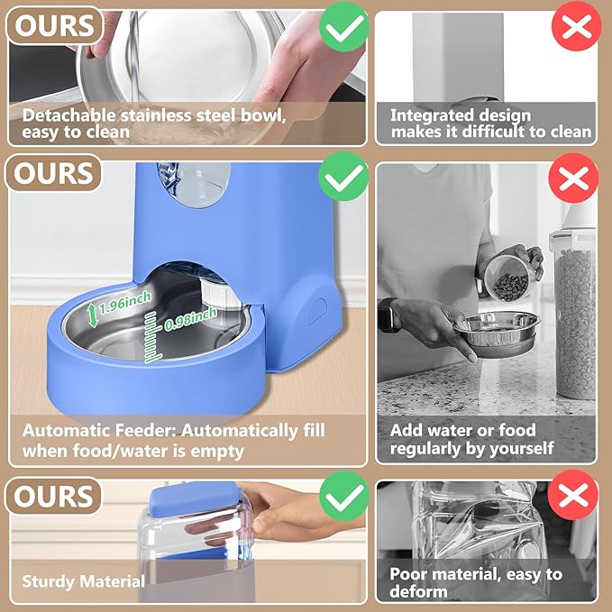 HWONMTE Portable Automatic Cat Feeder and Water Dispenser with Stainless Steel Bowl Dog Gravity Food Feeder and Waterer for Small Medium Pets Puppy Kitten 1 Gallon x 2 (Sapphire Blue)