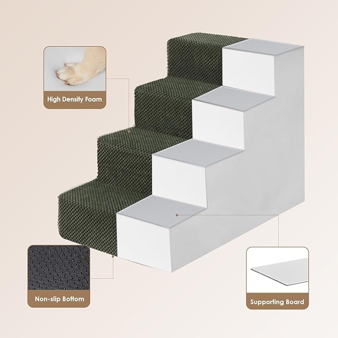 EHEYCIGA Dog Stairs for Bed 18" H, 4-Step Dog Steps for High Bed, Pet Steps for Small Dogs and Cats, Non-Slip Balanced Pet Ramp Indoor, Military Green