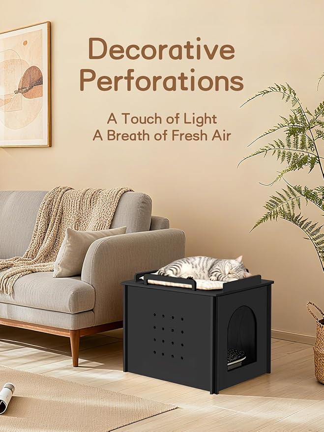 Wooden Cat Litter Box Enclosure, Hidden Litter Box Furniture with Litter Mat, Multi-Functional Cat House, for Living Room Bedroom Indoor, 23.2 x 17.7 x 19.3 inches, Black