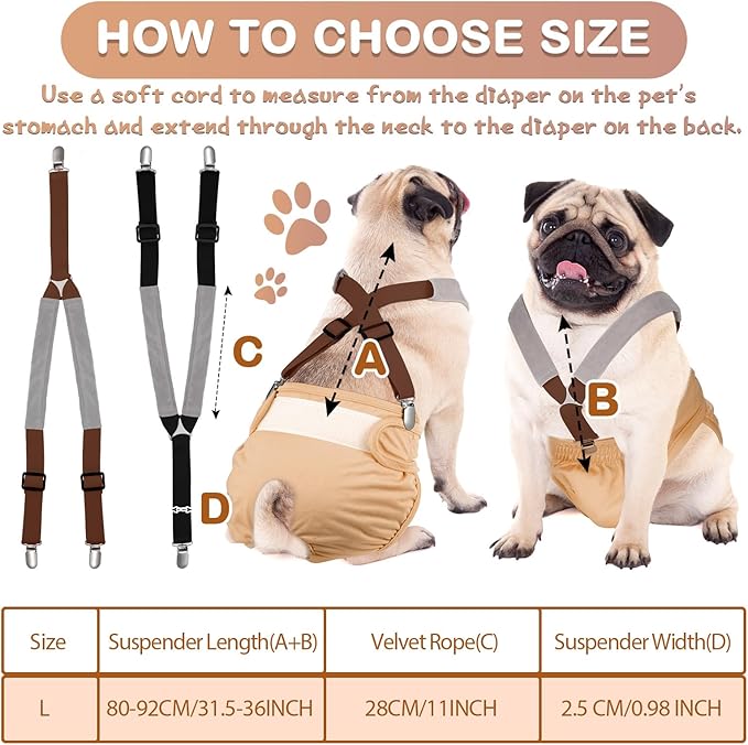 Saintrygo 2 Pcs Dog Suspenders for Diapers Female Male Belly Bands Canine Harness Keep Diaper on Your Pet for Small Medium and Large Dogs(Black, Brown,Large)