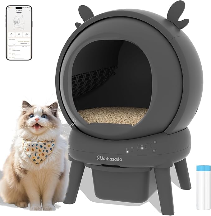J JORBASADO Self Cleaning Litter Box, Automatic Cat Box for Multiple Cats, APP Real-Time Monitor Cat Litter Box Automatic Cleaning, Safety Protection,with 1 Trash Bag, Ears Design
