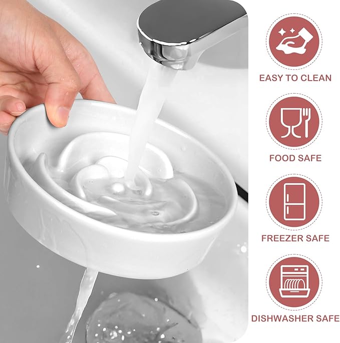 TRUVIC Ceramic Slow Feeder Dog Bowls Small Breed, 0.6 Cup Slow Feeder Cat Bowls for Fast Eaters, Ceramic Dog Food Dish no Black Chin, Puzzle Bowl for Small Dogs and Cats, White