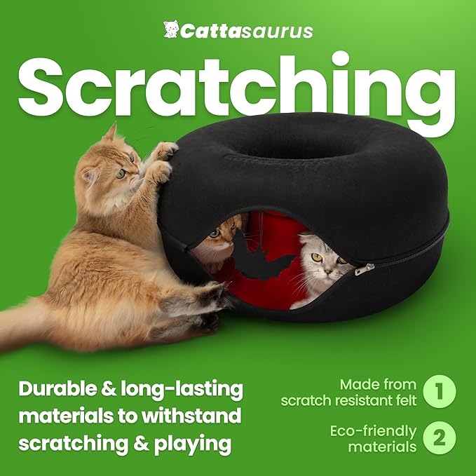 Cattasaurus Unique Peekaboo Cat Cave for Multiple & Large Cats Up to 30-45 Lbs, Scratch Detachable & Washable Tunnel Bed, Gothic Bat Donut Cat Cave (Duo Large Set)