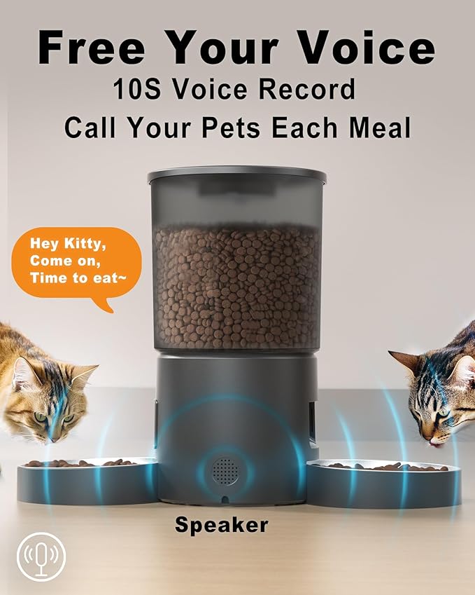 Automatic Cat Feeder for 2 Cats, 4.2L Dual Food Dispenser, Up to 6 Meals/Day, Portion Control, Voice Message, Dual Power Options (Transparent+Black, Dual Stainless Steel Bowls)
