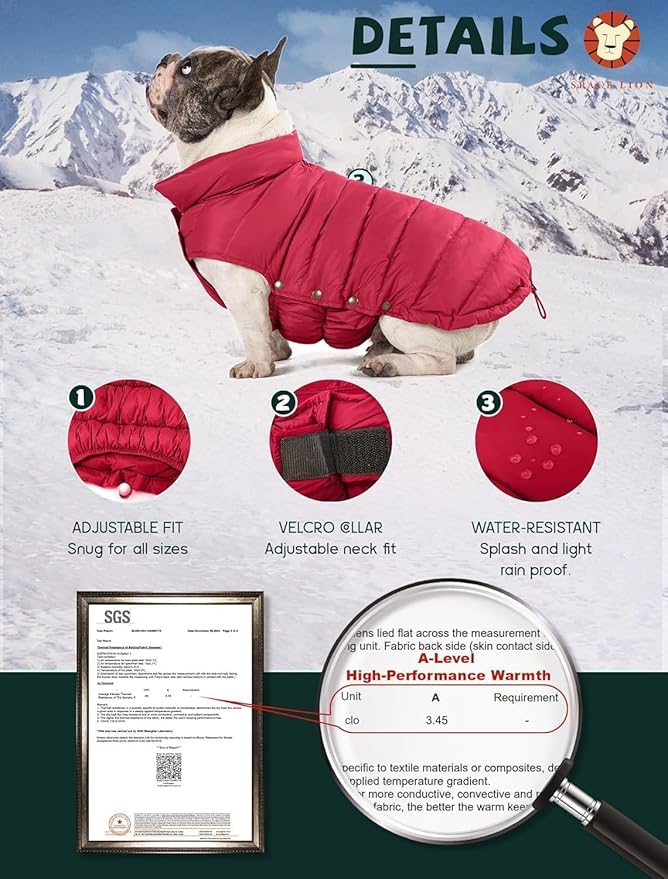 SPACE LION Dog Puffer Jacket, Down Winter Coat, Durable Outdoor Coat for Cold and Windy Conditions, Lightweight & Adjustable Fit Coats for Medium & Large Dogs, (Chili, Size 16 Gift Box)