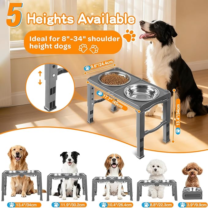 Foldable Elevated Dog Bowl Stand with Dual 7.8" Stainless Steel Bowls, 5 Adjustable Heights (3.9"-13.4"), Anti-Slip Portable Travel Pet Feeder, Fits 5.5"-27" Shoulder Height Dogs, Grey