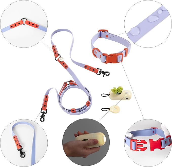 WLK1005E-5SET Luna Medium 8FT Adjustable 6-in-1 Waterproof Hands-Free Leash and Collar with LED Flashlight, Bag Dispenser, and Poop Bag Holder, Sangria
