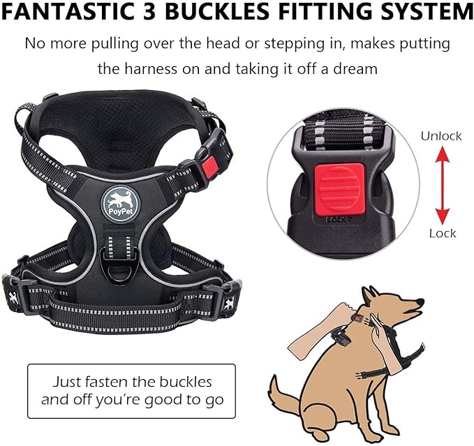 PoyPet Dog Harness and Leash Combo, Escape Proof No Pull Vest Harness, with 5 Feet Leash, Reflective Adjustable Soft Padded Pet Harness with Handle for Small to Large Dogs(Black,XL)