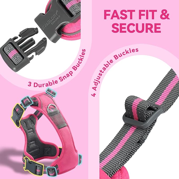 VIVAGLORY Dog Harness Easewalk No Pull Dog Harness with Handle & Front Back Clip for Training Lifting, Easy On Adjustable Padded No Pull for Pet & Puppy, L, Pink