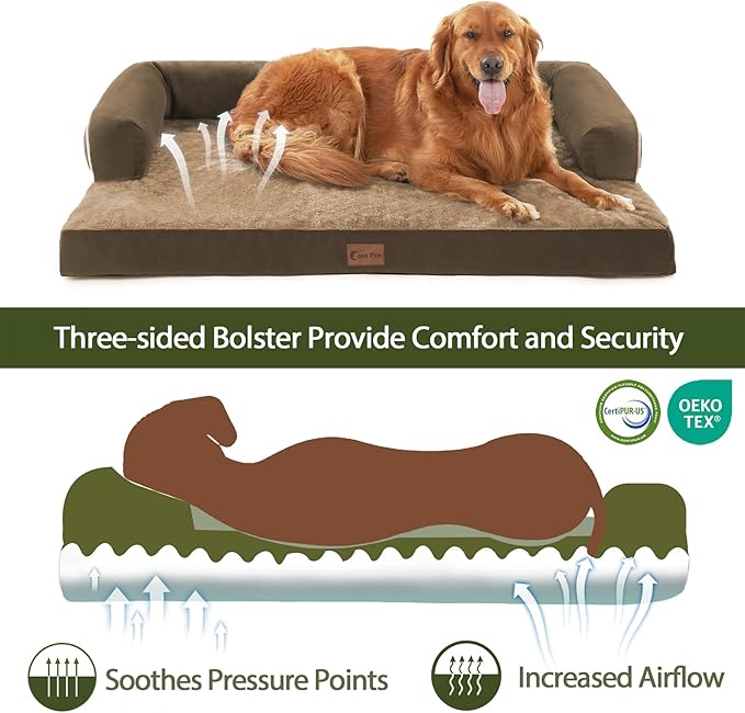 Orthopedic Dog Beds for Extra Large Dogs, Waterproof Egg Crate Foam XL Dog Bed with Sides 45x35Inch, Big Dogs Couch Beds with Removable Washable Cover and Nonskid Bottom, Brown
