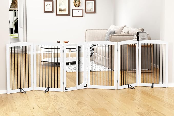 Freestanding Pet Gate with Door, Tall Dog Gate for House, Extra Wide, Pet Puppy Safety Fence, Support Feet Included, 120 Inch Wide, 6 Panels 32" Tall, White & Black