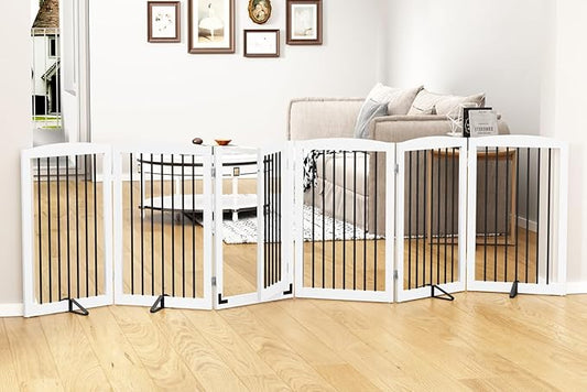 Freestanding Pet Gate with Door, Tall Dog Gate for House, Extra Wide, Pet Puppy Safety Fence, Support Feet Included, 120 Inch Wide, 6 Panels 32" Tall, White & Black