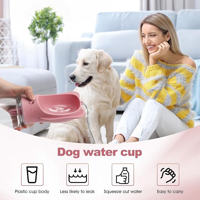 Portable Dogs Water Bottle with Food Storage Container, Leakproof Drinking Water Dispenser Feeder for Outdoor Dog Stuff Accessories Items for Cats, Puppy,for Walking, Hiking (Pink, 550ml)