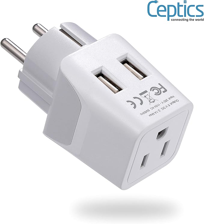 Ceptics Schuko, Germany, France, Spain Travel Adapter Plug with Dual USB - Usa Input Type E/F - Ultra Compact Perfect for Cell Phones, Laptop, Camera Chargers, iWatch, iPad, iPhone and More (CTU-9)