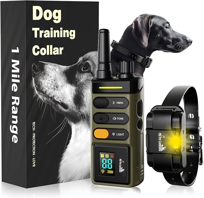 My Pet Command Long Range Dog Training Collar with Remote 1 Mile/5280 Ft, Safe Shock, Vibrate, Tone, Flashing Beacon Lights, Rechargeable Waterproof Remote Device, add up to 2 Collars. 1 Collar Pack