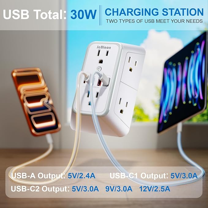 JcBlaon Surge Protector Outlet Extender 6 Outlet Extender with 4 USB Ports (PD 30W), 3 Sided 1050J Multi Plug Wall Adapter Power Strip for Home Travel Office Essentials