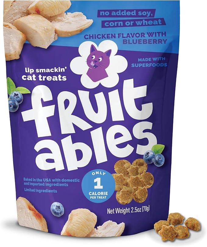 Fruitables Cat Treats, Healthy Treats For Cats, Low Calorie and Packed with Protein, Crunchy Biscuits, No Wheat, Corn or Soy, Made with Real Chicken and Blueberry, 2.5oz