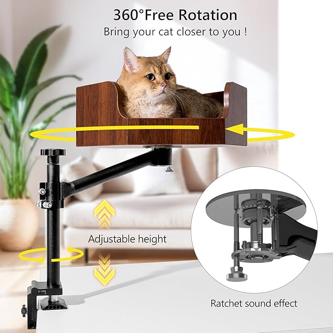Adjustable Cat Desk Bed with Dual-Protection Locking & 360° Rotation - Super Sturd Space-Saving Perch, Easy Install Modern Design - Supports 28lbs (Walnut/Aluminum Surface)