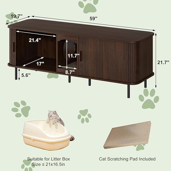 Double Cat Litter Box Enclosure Furniture, 59" Large Hidden Litter Box Furniture with Scratching Pad, Wood Pet House for 2 Cats, Indoor Modern Cabinet TV Stand for Living Room, Walnut