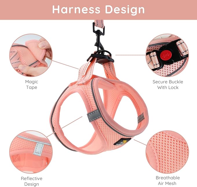 BELLA & PAL Step in Vest Harness for Small and Medium Dogs, No Pull Small Dog Harness with Leash Set, Comfortable Air Mesh Dog Vest Harness with Reflective Strip (Coral Pink, XS)