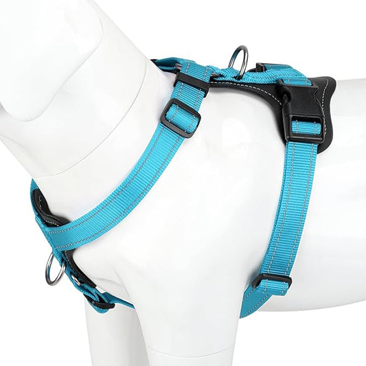 Plutus Pet Adjustable No Pull Dog Harness with Leather Accents, Heavy Duty Reflective Nylon Vest for Training, Hiking, Easy Walk Harness for Small, Medium, Large Dogs (Light Blue, M)