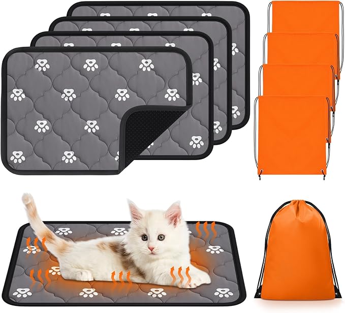 Riakrum 4 Pack Self Heating Cat Bed Pad Self Warming Pet Dog Mat Non Slip Washable Cat Kennel Crate Pad with Storage Bag for Indoor Outdoor Small Medium Dog Kitten (S, 16 x 20 Inches)