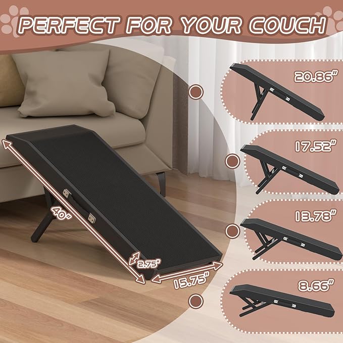 Dog Ramp for Couch, Dog Bed Ramp for Small Dogs, 4-Level Adjustable (8.6"-20.9") Foldable Pet Ramp, Wide Non-Slip EVA Surface with Glow Strips, Solid Birchwood 200Lbs