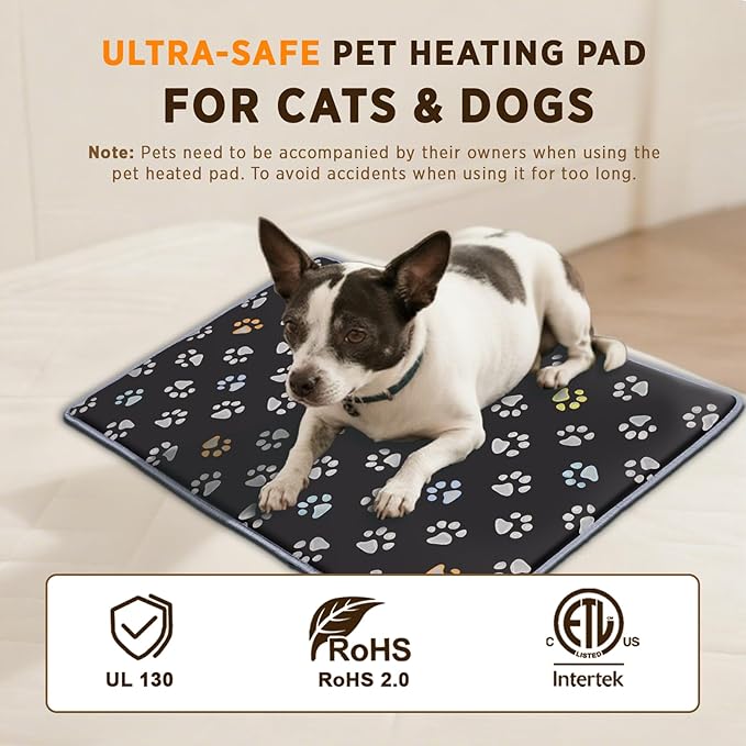 furrybaby Pet Heating Pad, Waterproof Dog Heating Pad Mat for Cat with Durable Anti-Bite Tube Indoor for Puppies Dogs Cats (1 Pack Black, Round 12in, Temp Adjustable)