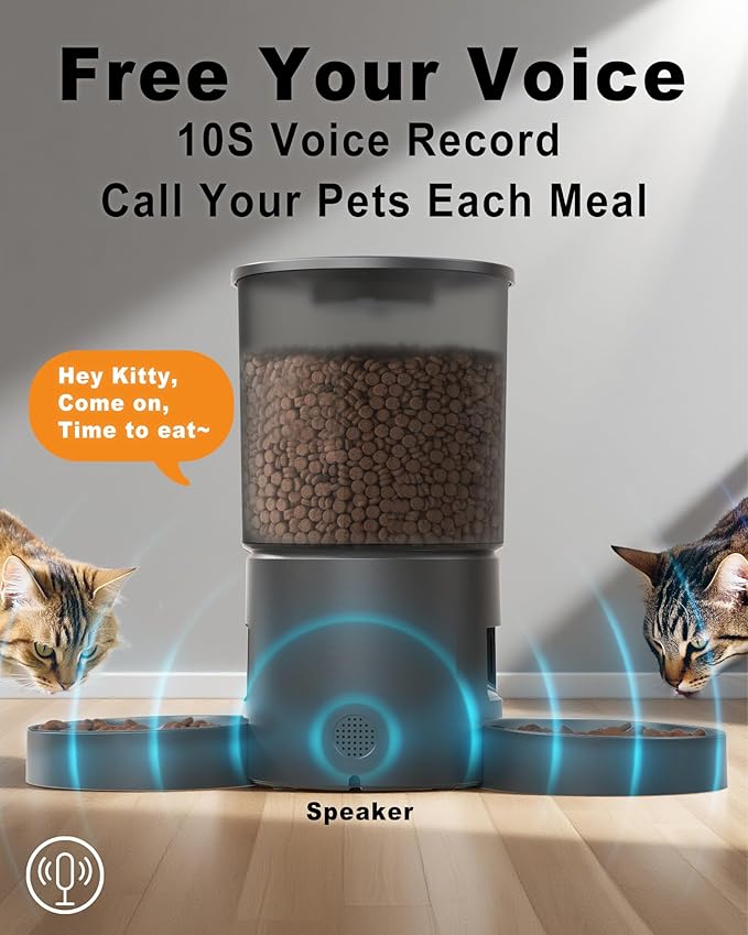 Automatic Dual Cats Feeder 2 Cats,Dual Power,Flexible Schedule Timer,6 Meals 12 Portions Per Day (Clear Black, ABS Double Bowls)