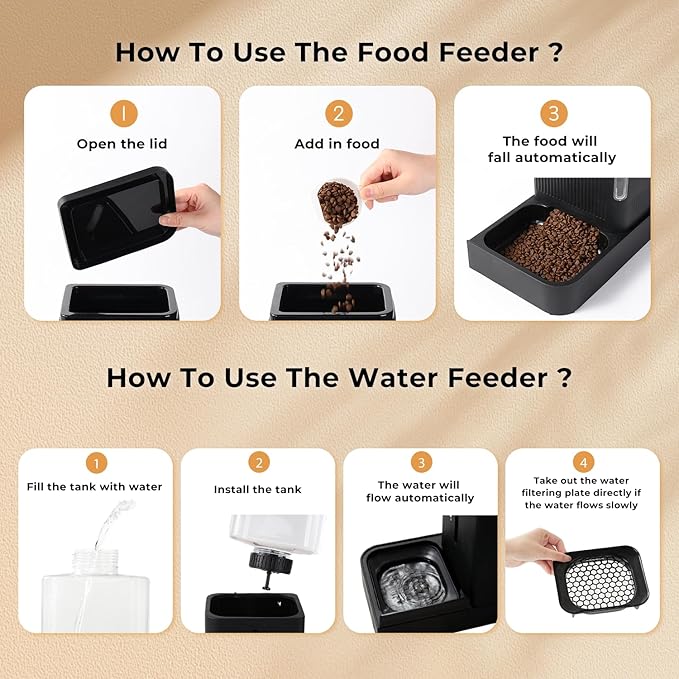 Automatic Cat Feeder and Water Dispenser Set, 2 in 1 Gravity Cat Food Dispenser with 180 Degree Rotatable, Pet Self Feeding Large Capacity for Small Dogs Puppy Kitten, Black, 0.8 Gallon x 2