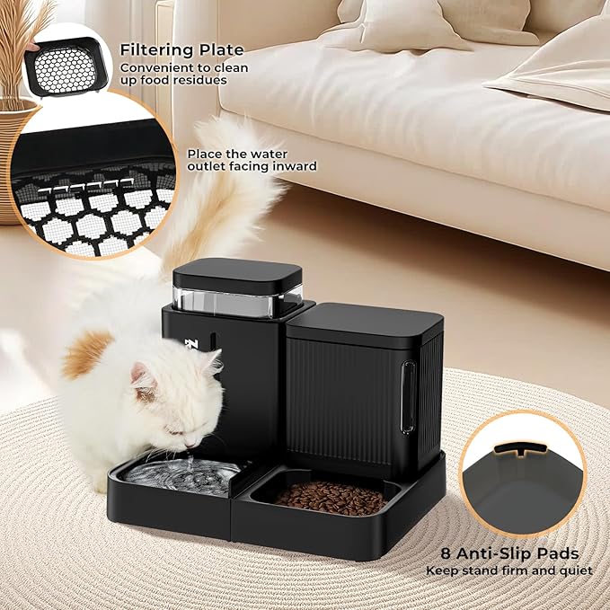 Automatic Cat Feeder and Water Dispenser Set, 2 in 1 Gravity Cat Food Dispenser with 180 Degree Rotatable, Pet Self Feeding Large Capacity for Small Dogs Puppy Kitten, Black, 0.8 Gallon x 2