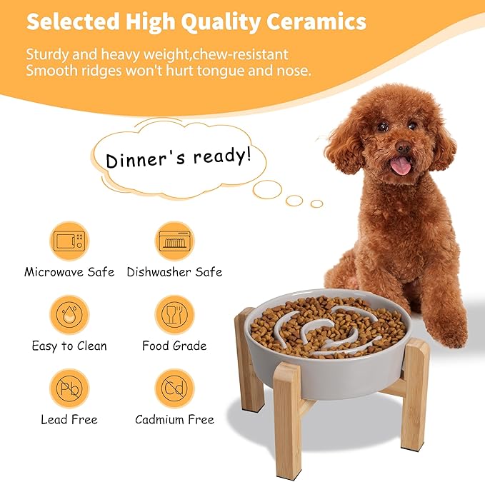 Elevated Slow Feeder Dog Bowl - Ceramic Maze Food Dish with Bamboo Stand - Raised Feeding Bowl for Fast Eaters - Ideal for Small and Medium Dogs - Grey - 6.7 inch
