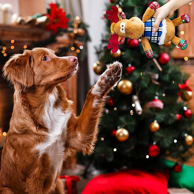 Dog Toys Squeaky Interactive Puppy Teething Chew Toy with Crinkle Sound Paper Tail Stuffed PP Cotton,Keep Them Busy, Large Medium Small Breeds Indoor Play, Christmas Deer