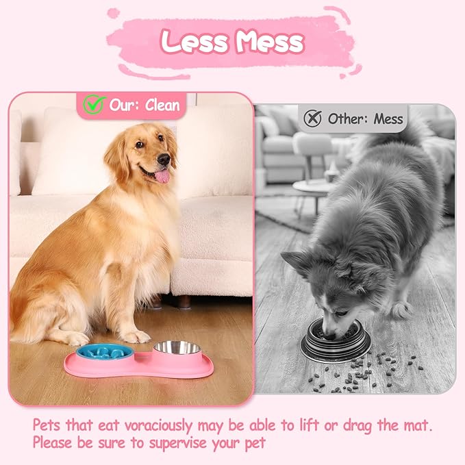 MateeyLife Dog Food Bowl Set 3 in 1, Dog Bowls & Water Stainless Steel Bowl with Non-Spill Silicone Mat, Slow Feeder Bowls for Small, Medium, Large Breeds, Cat Feeding Dish to Anti-Choking