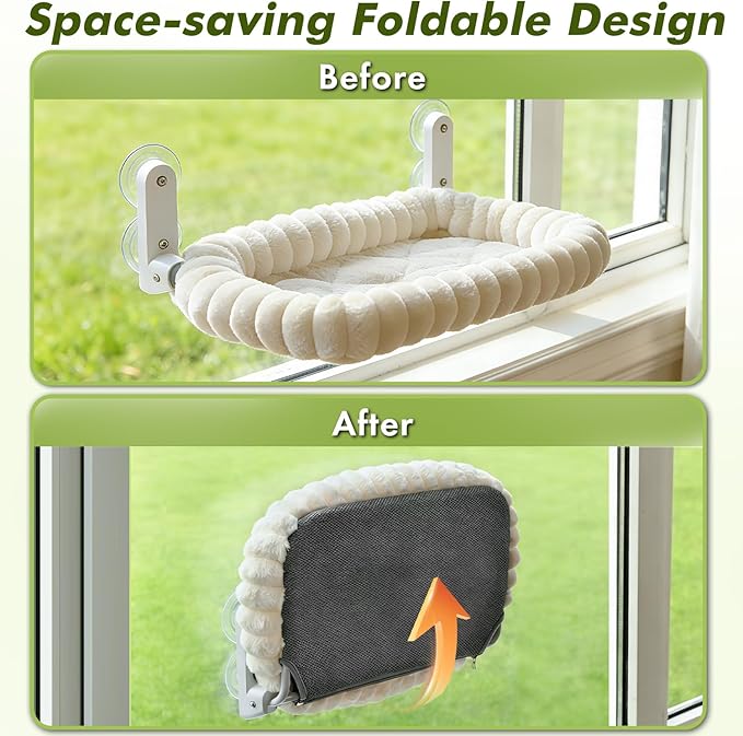 Cat Window Perch with Bolster, Cordless Foldable Cat Window Hammock with Strong Suction Cups & Metal Frame, Machine Washable Pet Bed for Indoor Cats (White, Medium)