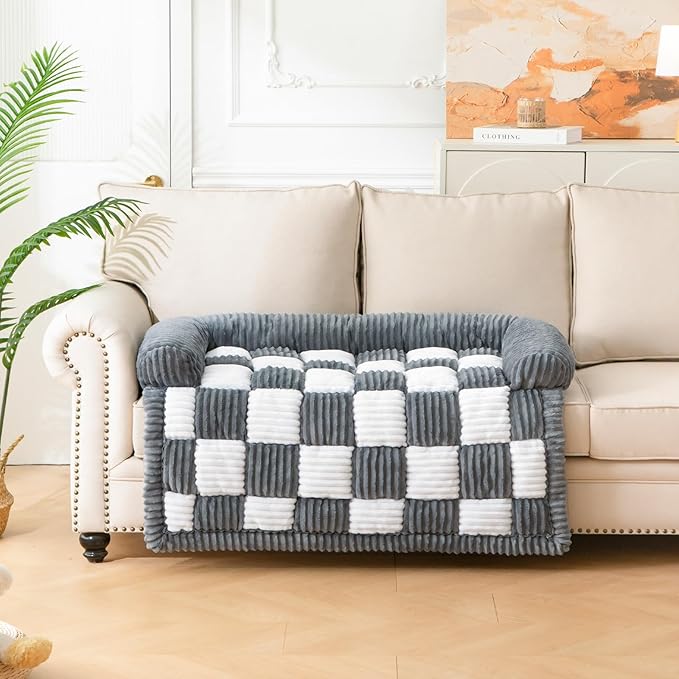 Dog Bed for Couch with Bolster, Comfy Couch Cover for Dogs Washable, Non-Slip Plush Furniture Protector, Calming Fuzzy Lounge Mat, Pet Sofa Accessories (Grey, Large)