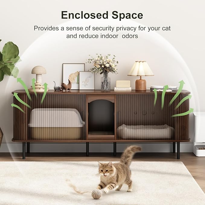 Double Cat Litter Box Enclosure Furniture, 59" Large Hidden Litter Box Furniture with Scratching Pad, Wood Pet House for 2 Cats, Indoor Modern Cabinet TV Stand for Living Room, Walnut