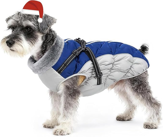 Dog Winter Coat with Harness, Dog Jacket, Pet Clothes with Zipper on Back, Waterproof Windproof Warm Vest, Reflective Cold Weather Coats, for Small Medium Large Dogs, Thick, Blue,XS