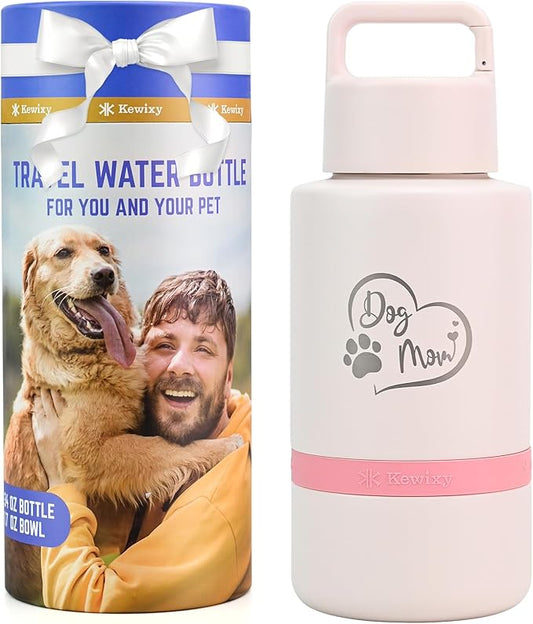 Dog Mom Gift, Insulated Dog Water Bottle with Travel Bowl, for DogLover, Portable Water Bottle Dispenser, Accessories for Car, Hiking, Camping, Outdoor, Leak-Proof, Detachable (DogMom-PalePink)
